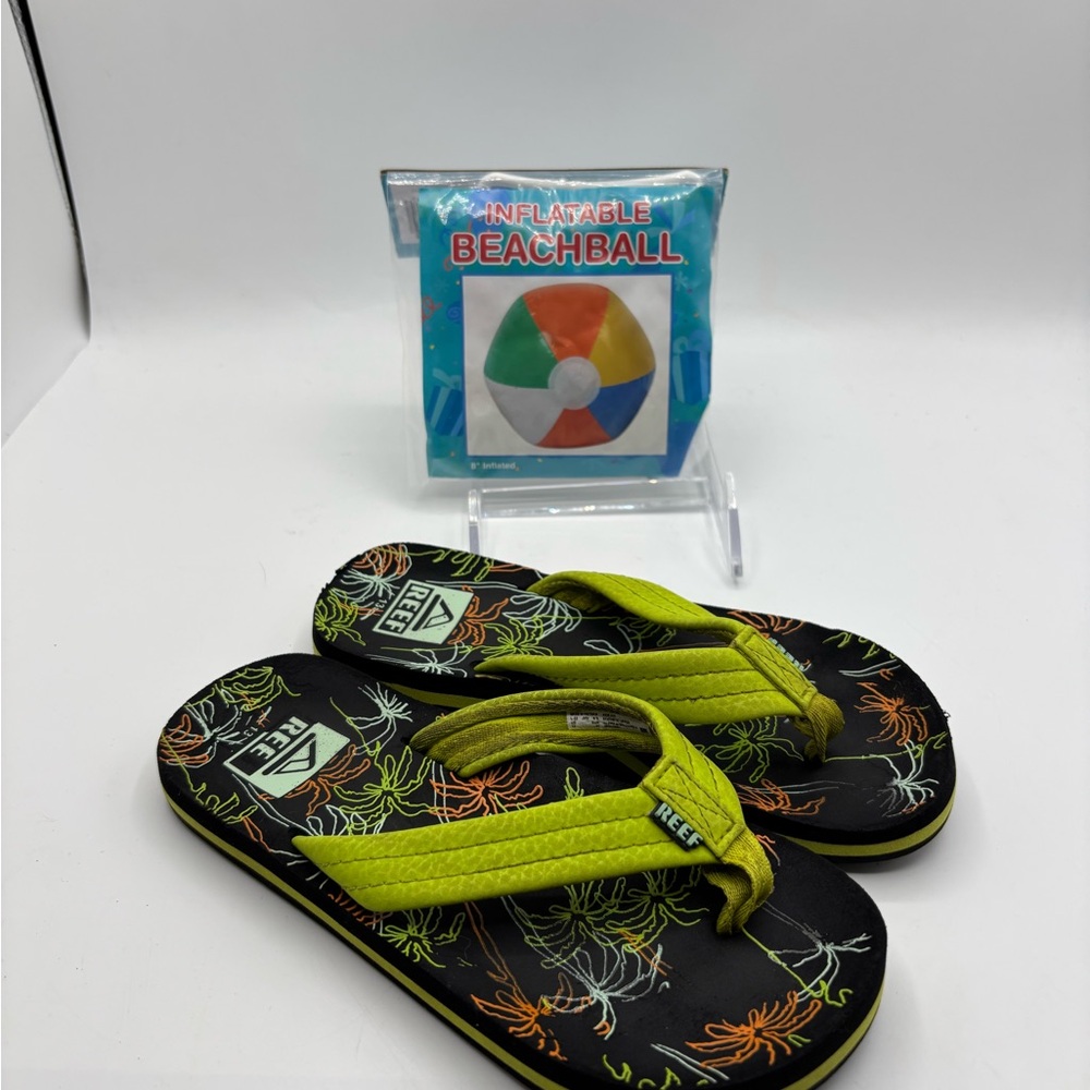 REEF Kids Ahi Flip Flops Neon Palm Tropical Print Size 13  with beach ball